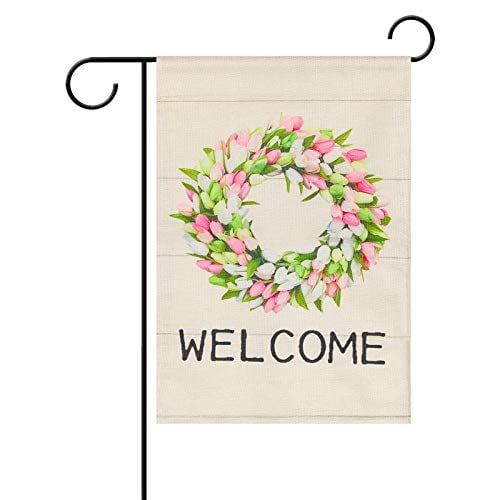 Tulips and Lily Wreath Welcome Double Sided Vertical Burlap Garden Flags 